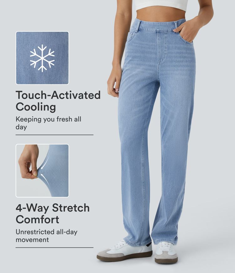 Halara Flex™ jean décontracté taille haute avec poches, coupe droite, finition Cool Touch, délavé Halara Flex™ jean décontracté taille haute avec poches, coupe droite, finition Cool Touch, délavé