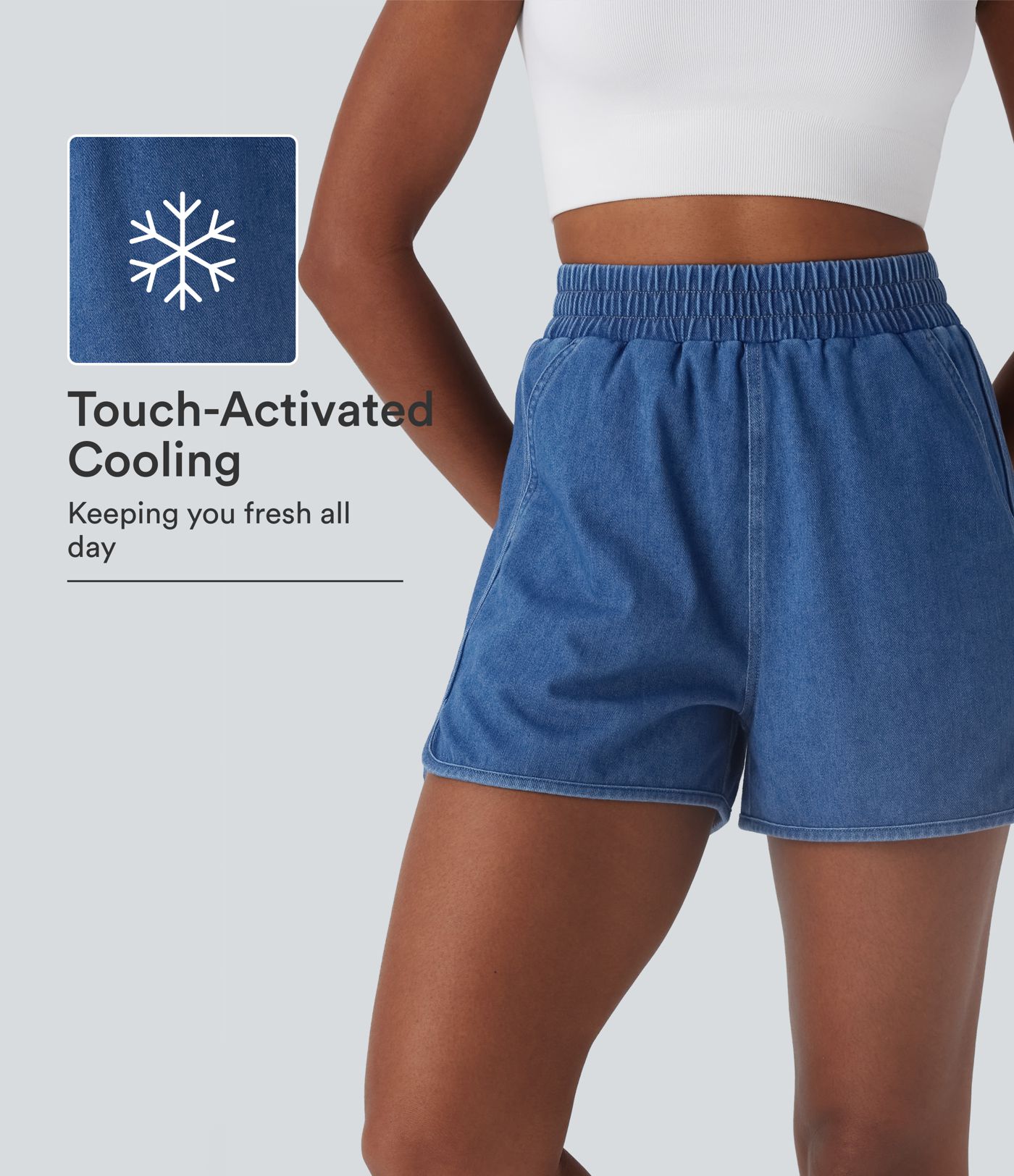 Halara Flex™ Shorts décontractés taille haute avec ourlet incurvé, effet Cool Touch, denim délavé et poches Halara Flex™ Shorts décontractés taille haute avec ourlet incurvé, effet Cool Touch, denim délavé et poches