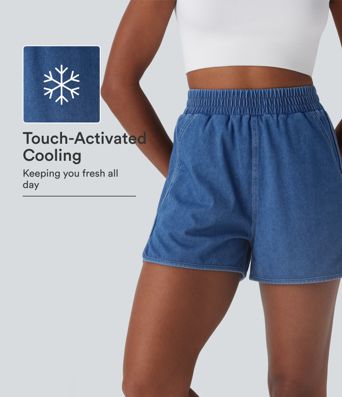 Halara Flex™ Shorts décontractés taille haute avec ourlet incurvé, effet Cool Touch, denim délavé et poches Halara Flex™ Shorts décontractés taille haute avec ourlet incurvé, effet Cool Touch, denim délavé et poches
