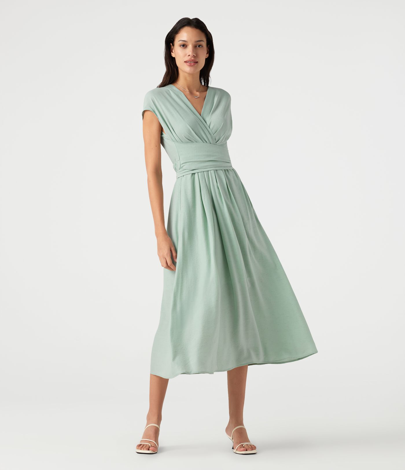 V Neck Short Sleeve Tie Back Midi Casual Linen-Blend Flowy Dress with Pockets