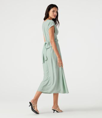 V Neck Short Sleeve Tie Back Midi Casual Linen-Blend Flowy Dress with Pockets