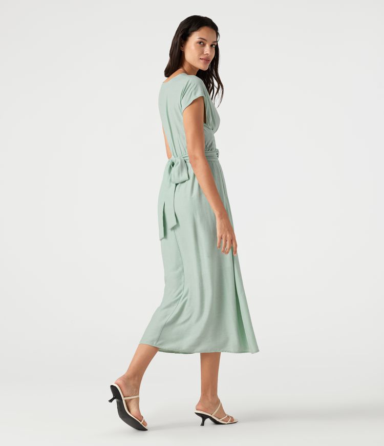 V Neck Short Sleeve Tie Back Midi Casual Linen-Blend Flowy Dress with Pockets