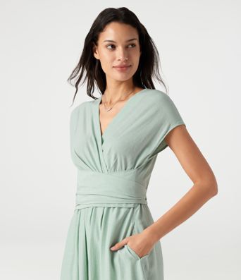 V Neck Short Sleeve Tie Back Midi Casual Linen-Blend Flowy Dress with Pockets