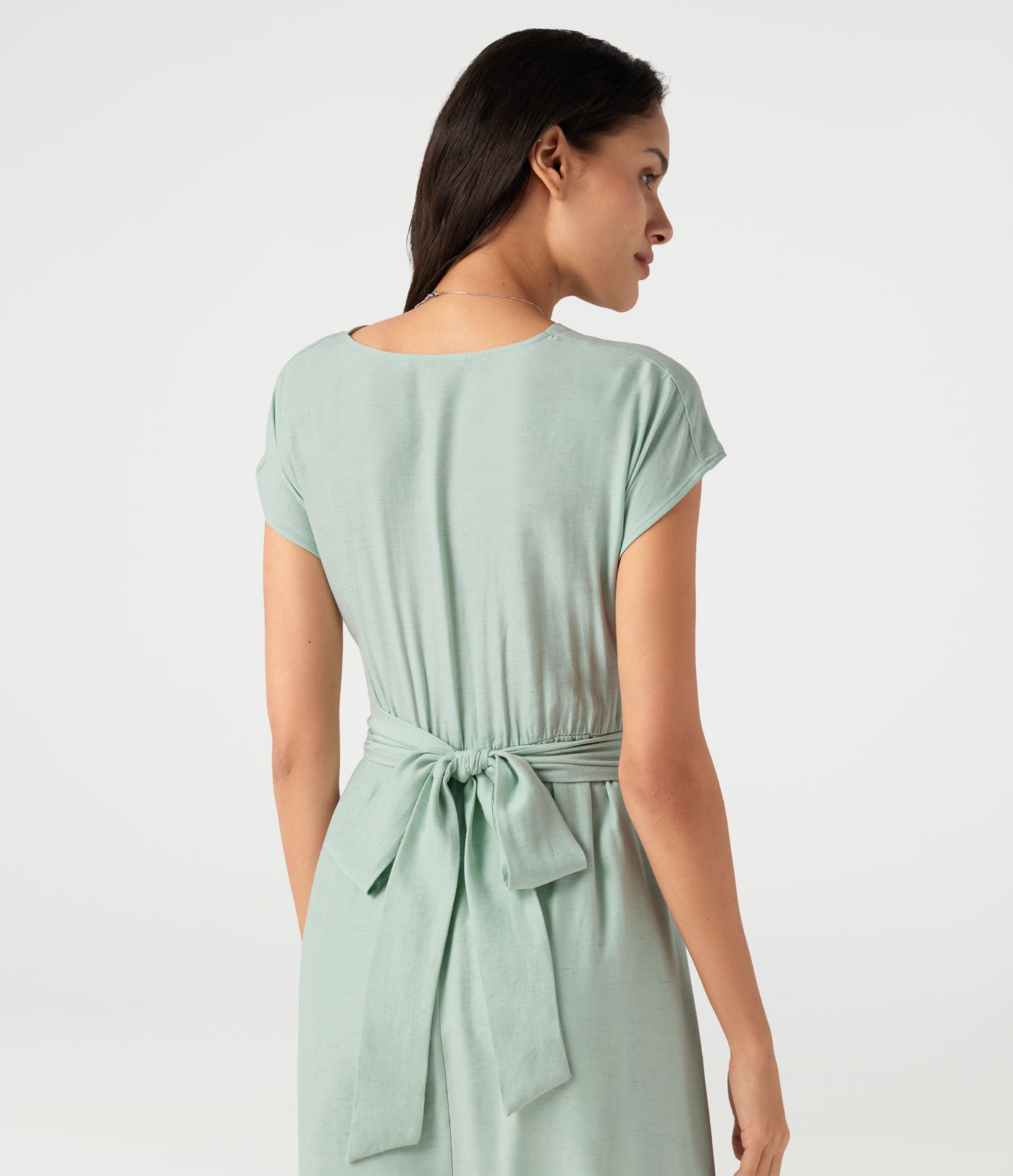 V Neck Short Sleeve Tie Back Midi Casual Linen-Blend Flowy Dress with Pockets