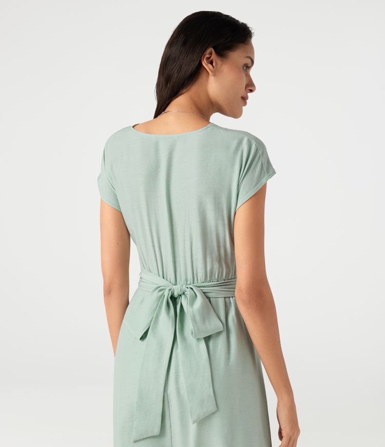 V Neck Short Sleeve Tie Back Midi Casual Linen-Blend Flowy Dress with Pockets