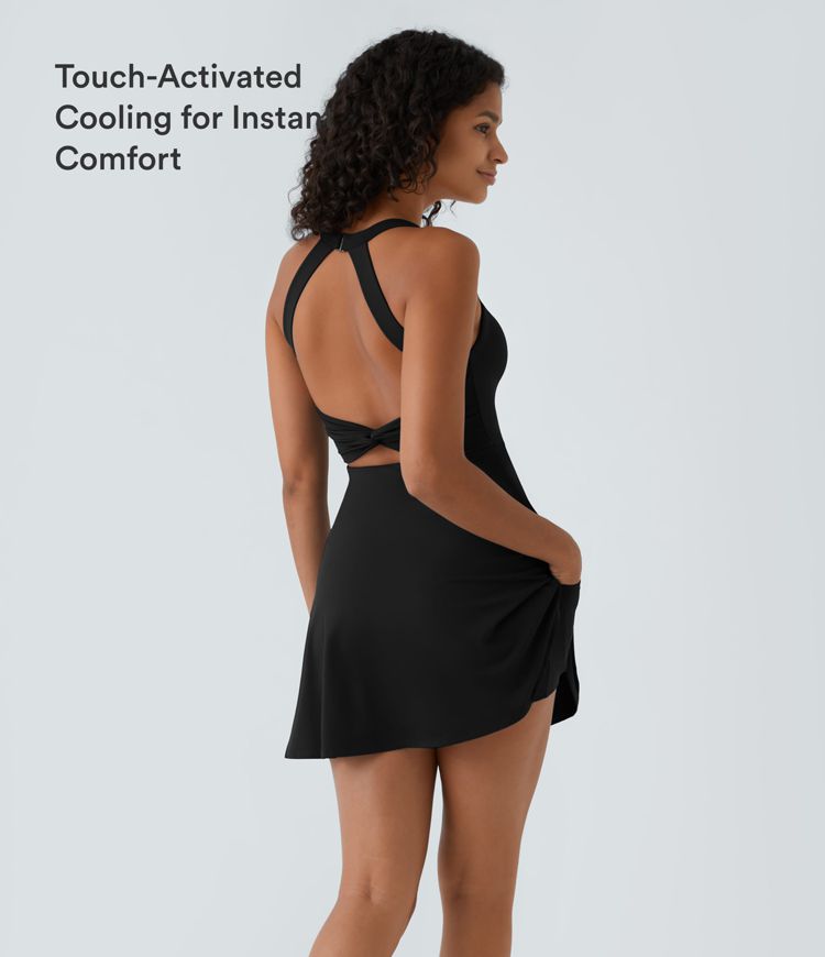 Vestido corto de baile 2 en 1 con bolsillo lateral escote en U y espalda descubierta Vestido corto de baile 2 en 1 con bolsillo lateral escote en U y espalda descubierta