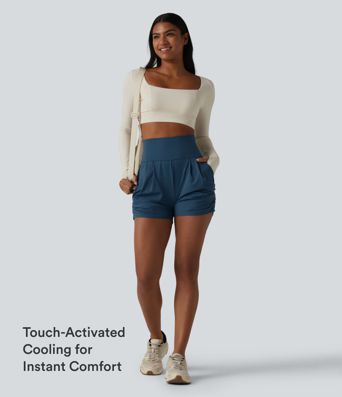 SoftlyZero™ Airy High Waisted Ruched InstantCool Yoga Shorts 3'' with Pockets