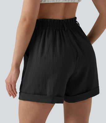 High Waisted Rolled Hem Linen-Feel Resort Shorts 5'' with Pockets
