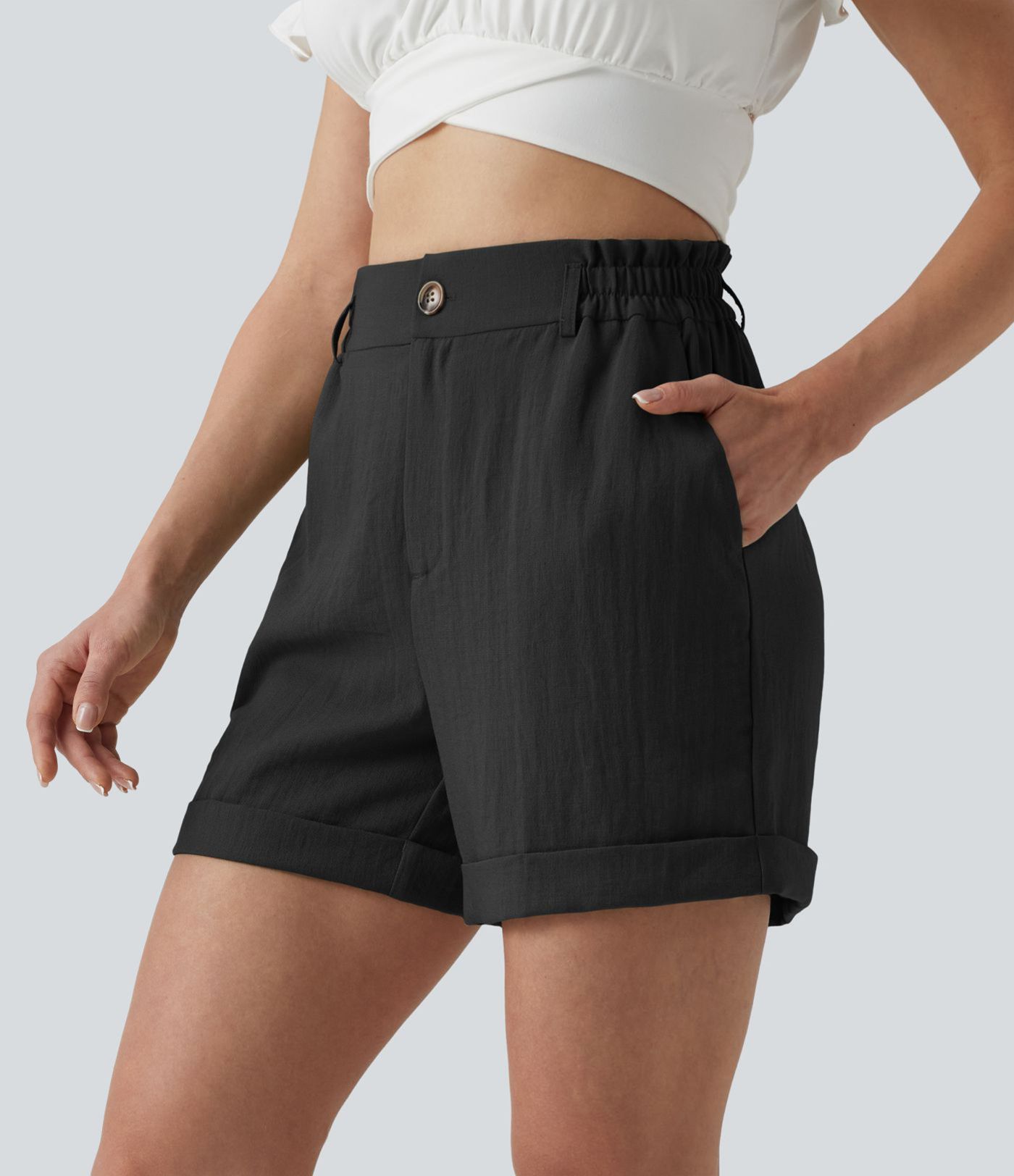 High Waisted Rolled Hem Linen-Feel Resort Shorts 5'' with Pockets