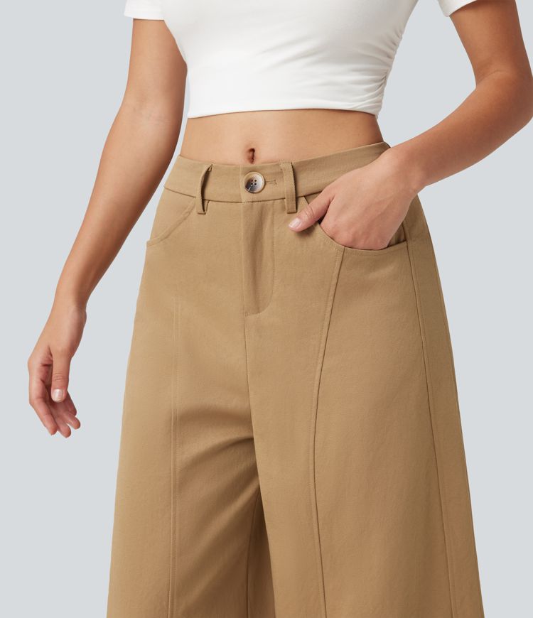Mid Rise Casual Barrel Leg Pants with Pockets