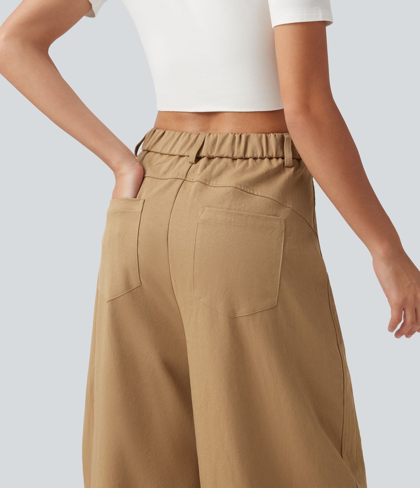Mid Rise Casual Barrel Leg Pants with Pockets