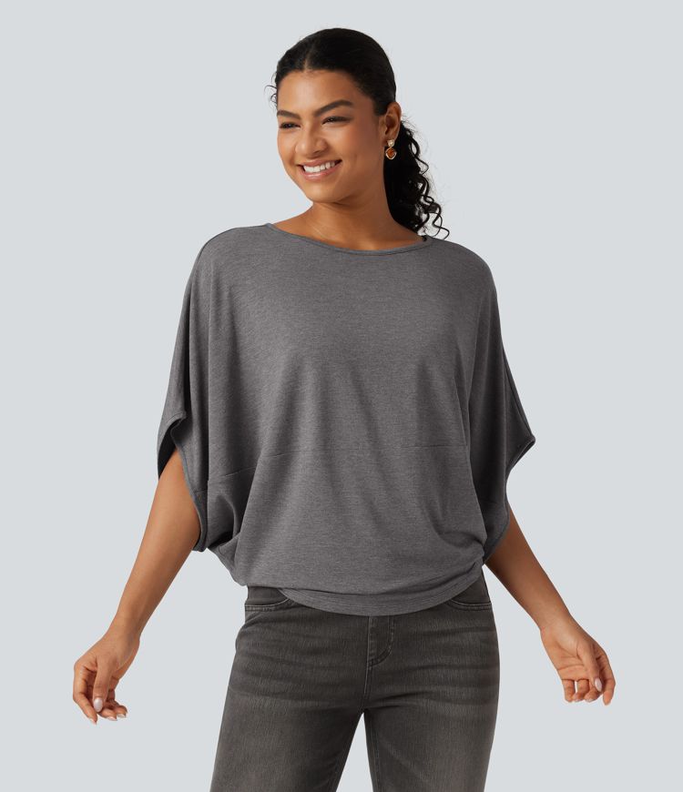 Round Neck Batwing Sleeve Relaxed Casual Top Round Neck Batwing Sleeve Relaxed Casual Top