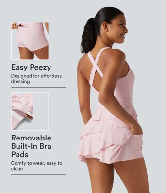 SoftlyZero™ Airy Built-in Bra Layered Ruffle Hem 2-in-1 InstantCool Mini Tennis Active Dress with Pockets-Easy Peezy Edition
