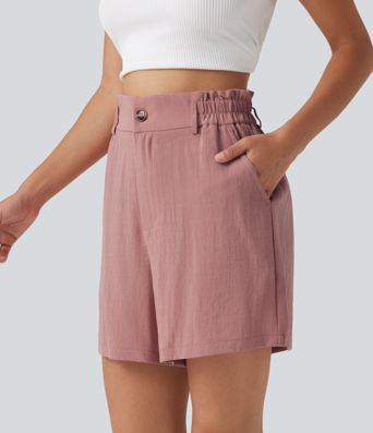 High Waisted Casual Linen-Feel Shorts 5“ with Pockets