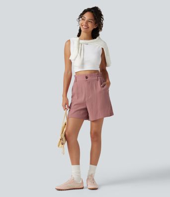 High Waisted Casual Linen-Feel Shorts 5“ with Pockets