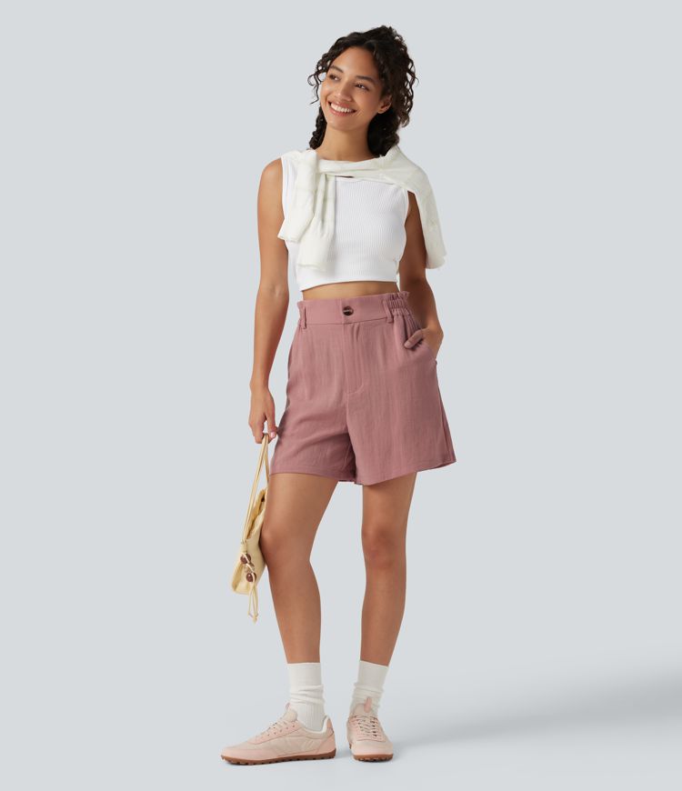 High Waisted Casual Linen-Feel Shorts 5“ with Pockets