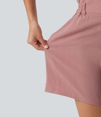 High Waisted Casual Linen-Feel Shorts 5“ with Pockets