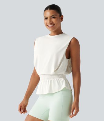Round Neck Shirred InstantCool Workout Tank Top-UPF50+