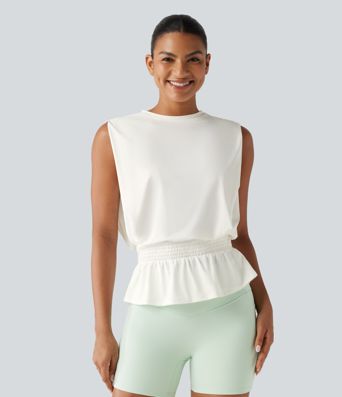 Round Neck Shirred InstantCool Workout Tank Top-UPF50+