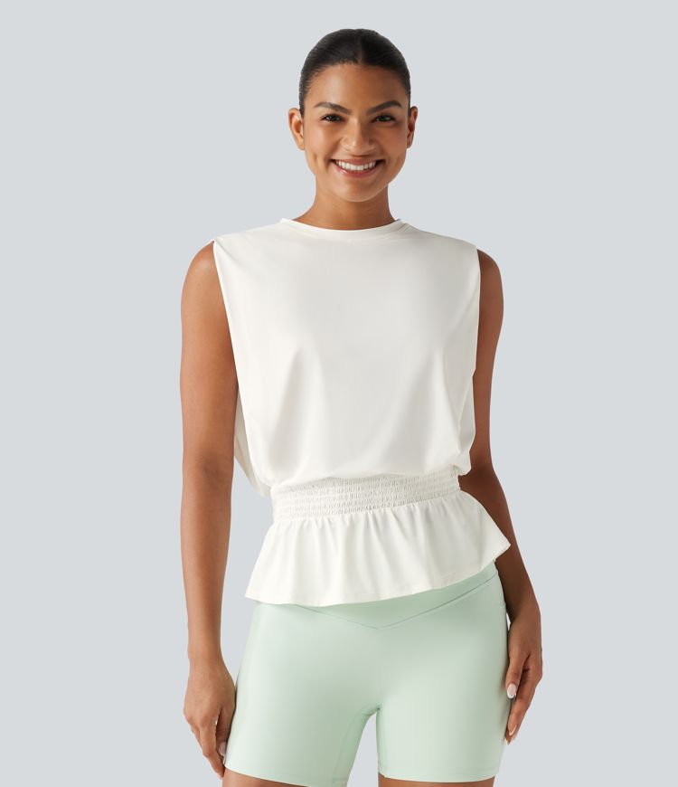 Round Neck Shirred InstantCool Workout Tank Top-UPF50+