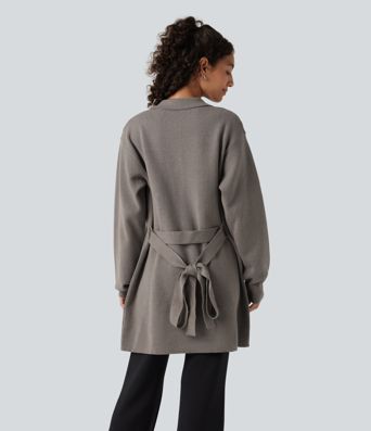 Long Sleeve Belted Longline Casual Jacket with Pockets