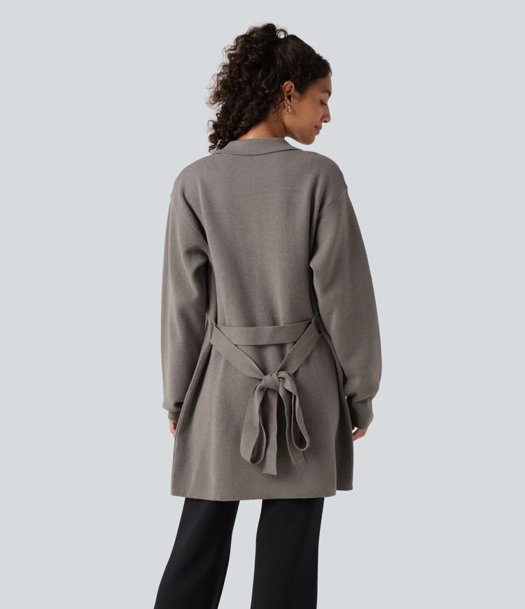Long Sleeve Belted Longline Casual Jacket with Pockets