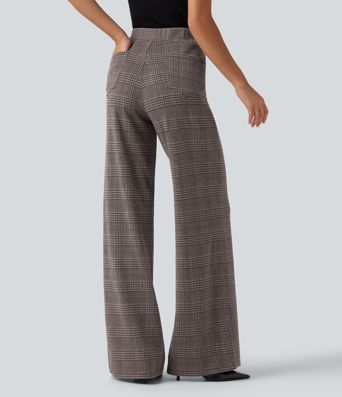 High Waisted Wide Leg Plaid Casual Pants with Pockets High Waisted Wide Leg Plaid Casual Pants with Pockets