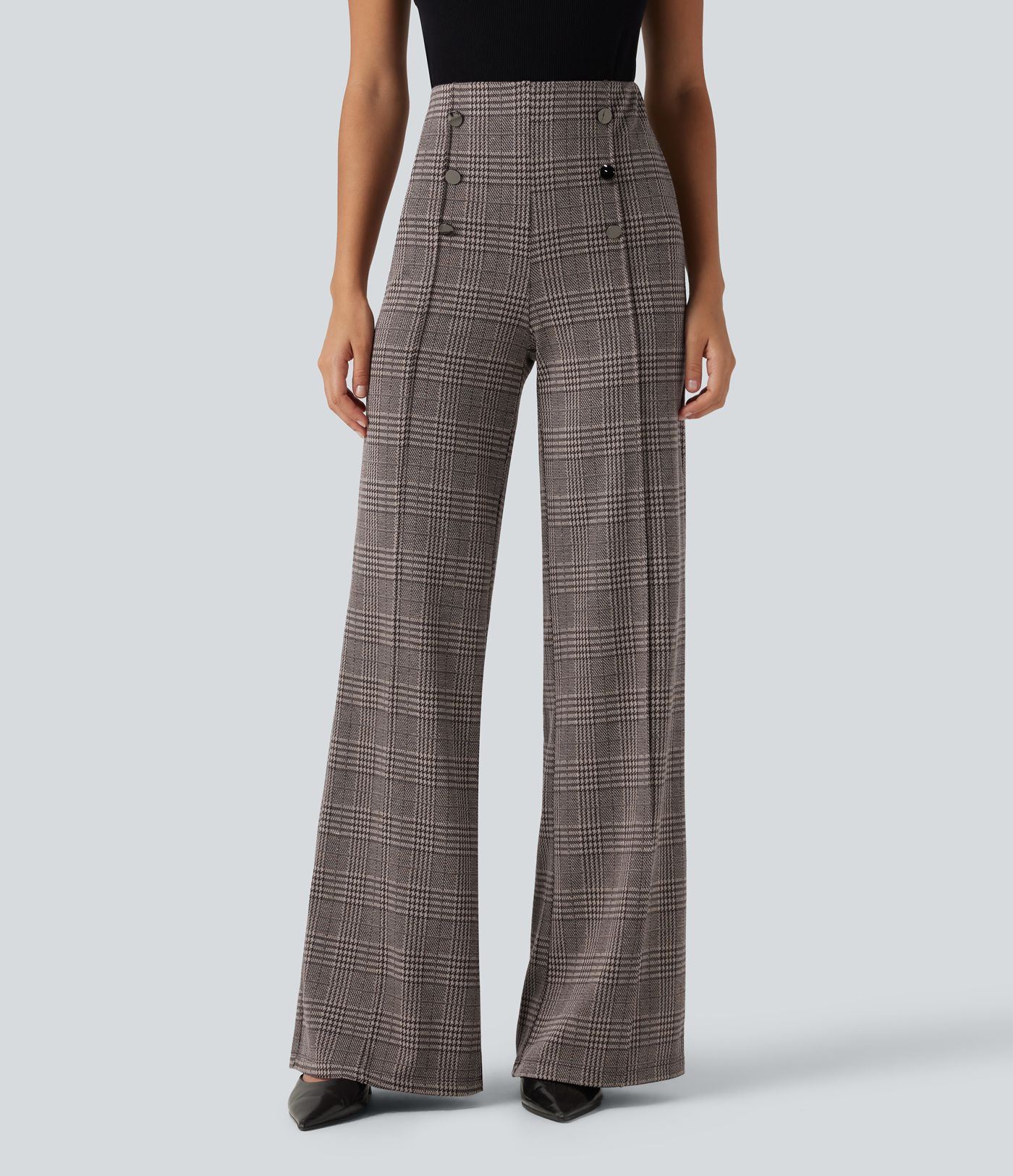 High Waisted Wide Leg Plaid Casual Pants with Pockets High Waisted Wide Leg Plaid Casual Pants with Pockets
