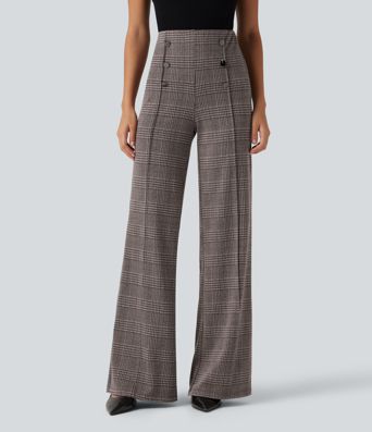 High Waisted Wide Leg Plaid Casual Pants with Pockets High Waisted Wide Leg Plaid Casual Pants with Pockets