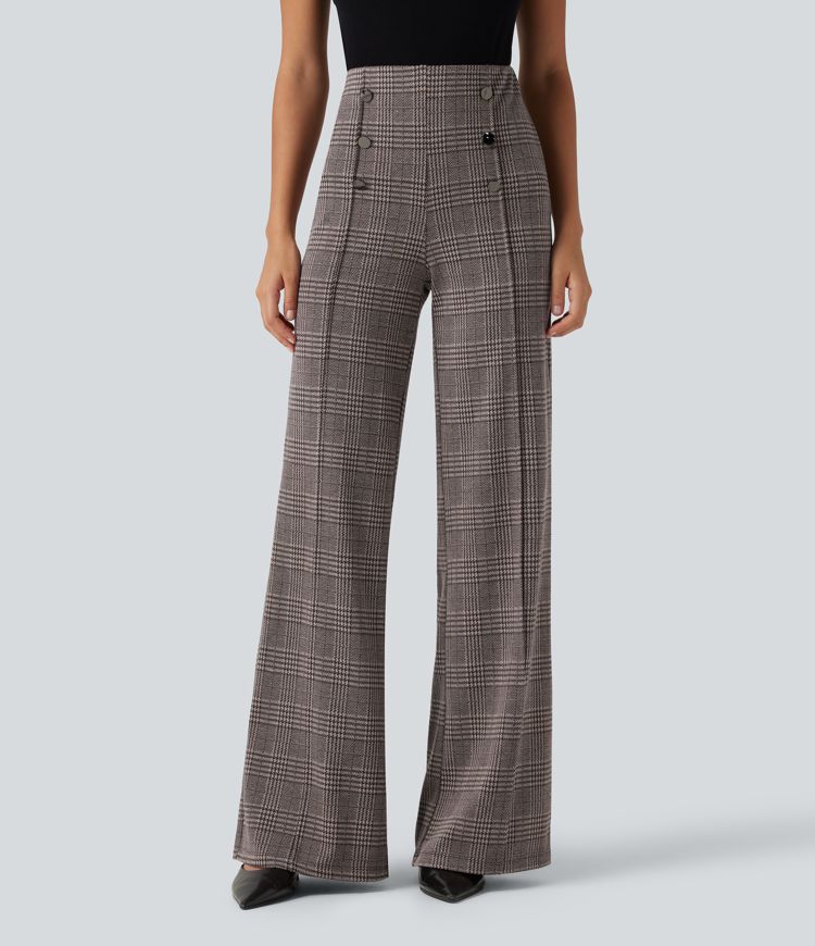 High Waisted Wide Leg Plaid Casual Pants with Pockets High Waisted Wide Leg Plaid Casual Pants with Pockets