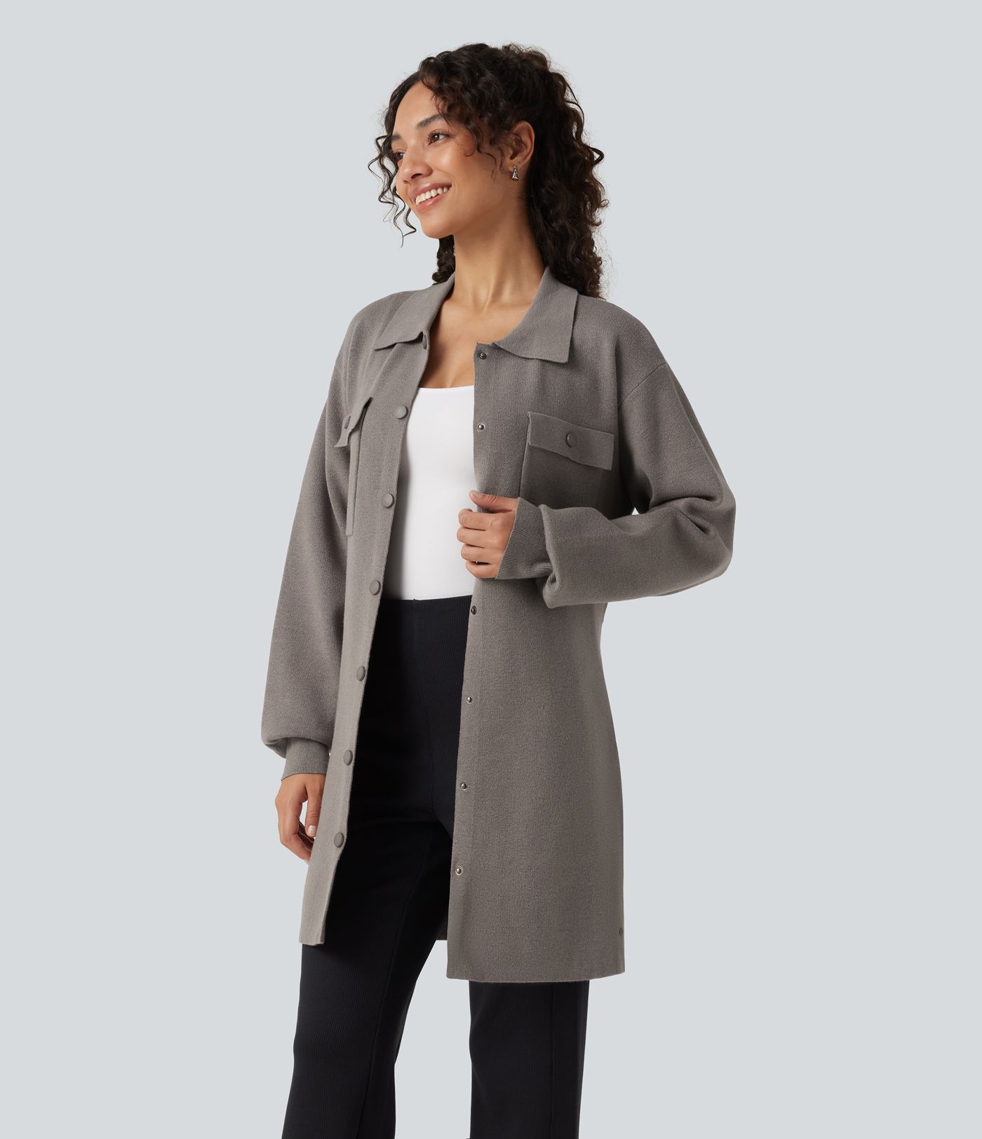 Long Sleeve Belted Longline Casual Jacket with Pockets