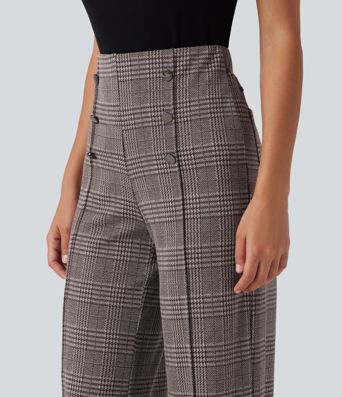 High Waisted Wide Leg Plaid Casual Pants with Pockets High Waisted Wide Leg Plaid Casual Pants with Pockets