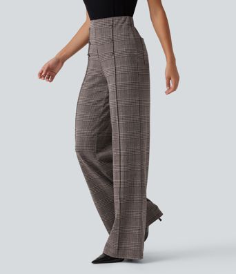High Waisted Wide Leg Plaid Casual Pants with Pockets High Waisted Wide Leg Plaid Casual Pants with Pockets