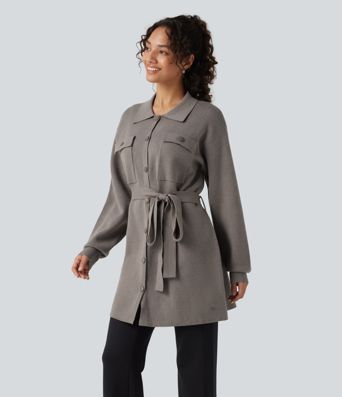 Long Sleeve Belted Longline Casual Jacket with Pockets
