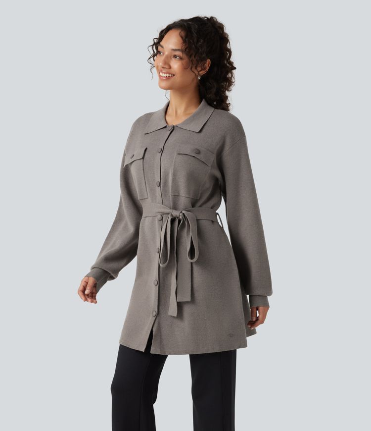 Long Sleeve Belted Longline Casual Jacket with Pockets