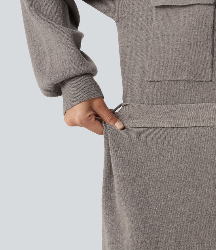 Long Sleeve Belted Longline Casual Jacket with Pockets