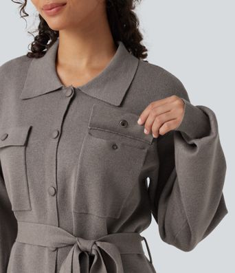 Long Sleeve Belted Longline Casual Jacket with Pockets
