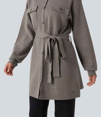 Long Sleeve Belted Longline Casual Jacket with Pockets