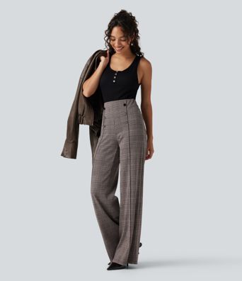 High Waisted Wide Leg Plaid Casual Pants with Pockets High Waisted Wide Leg Plaid Casual Pants with Pockets