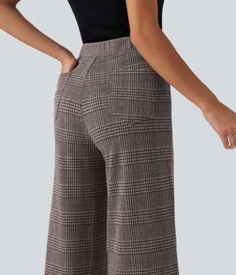 High Waisted Wide Leg Plaid Casual Pants with Pockets High Waisted Wide Leg Plaid Casual Pants with Pockets