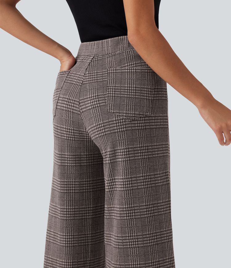 High Waisted Wide Leg Plaid Casual Pants with Pockets High Waisted Wide Leg Plaid Casual Pants with Pockets