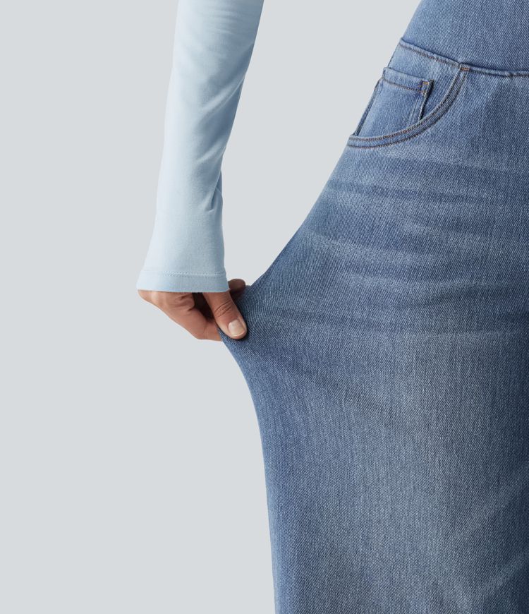 Halara Flex™ Denim Heat hétköznapi, magas derekú, széles szárú, zsebes farmernadrág