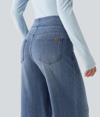 Halara Flex™ Denim Heat hétköznapi, magas derekú, széles szárú, zsebes farmernadrág