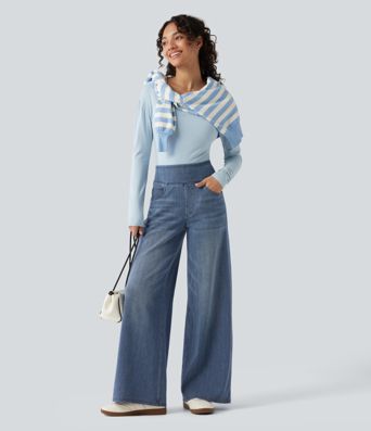 Halara Flex™ Denim Heat hétköznapi, magas derekú, széles szárú, zsebes farmernadrág