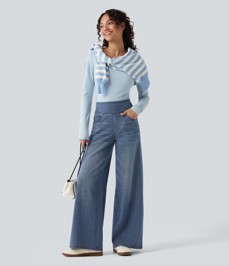 Halara Flex™ Denim Heat hétköznapi, magas derekú, széles szárú, zsebes farmernadrág