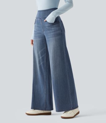 Halara Flex™ Denim Heat hétköznapi, magas derekú, széles szárú, zsebes farmernadrág