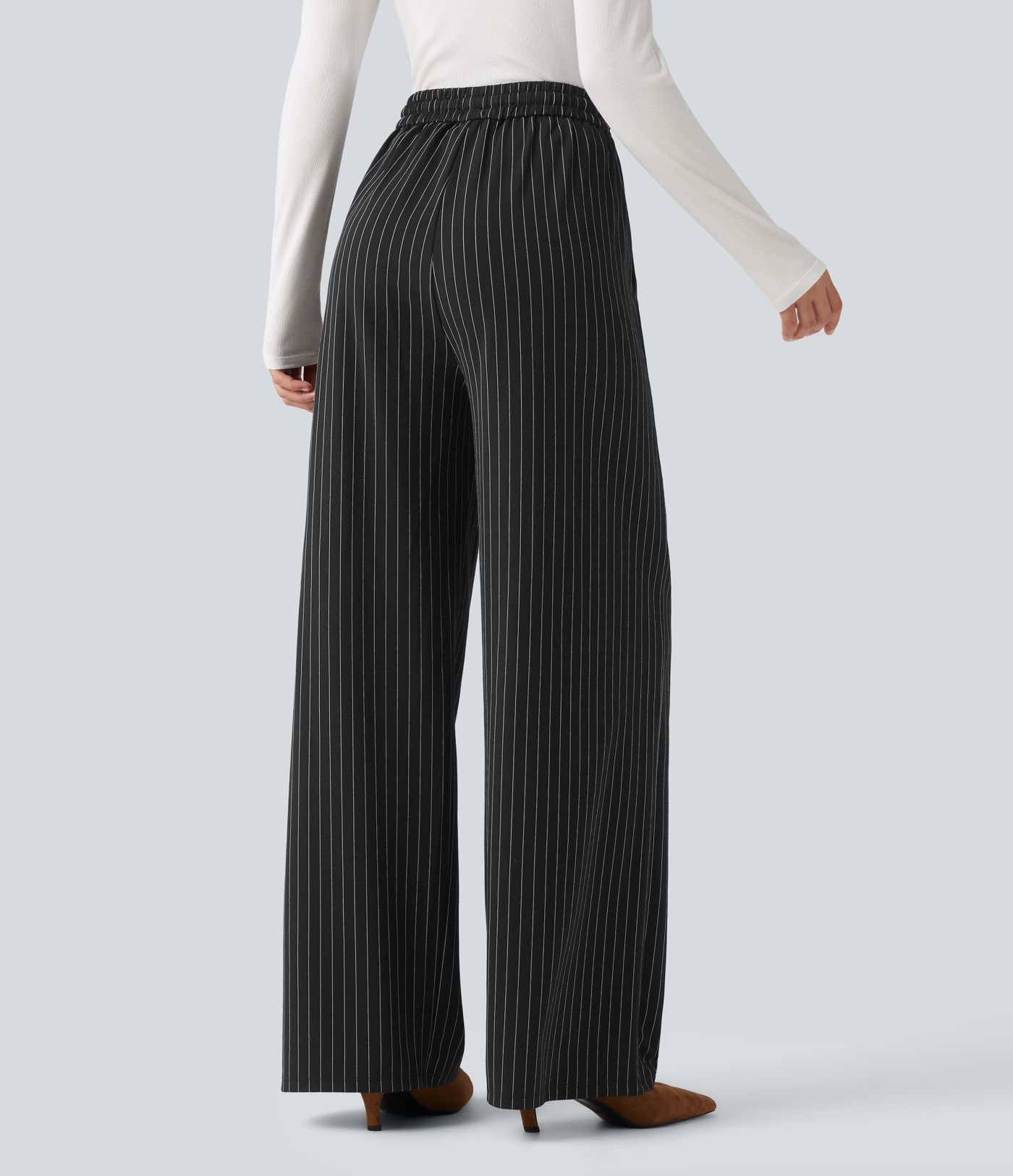 High Waisted Drawstring Stripe Baggy Casual Pants with Pockets
