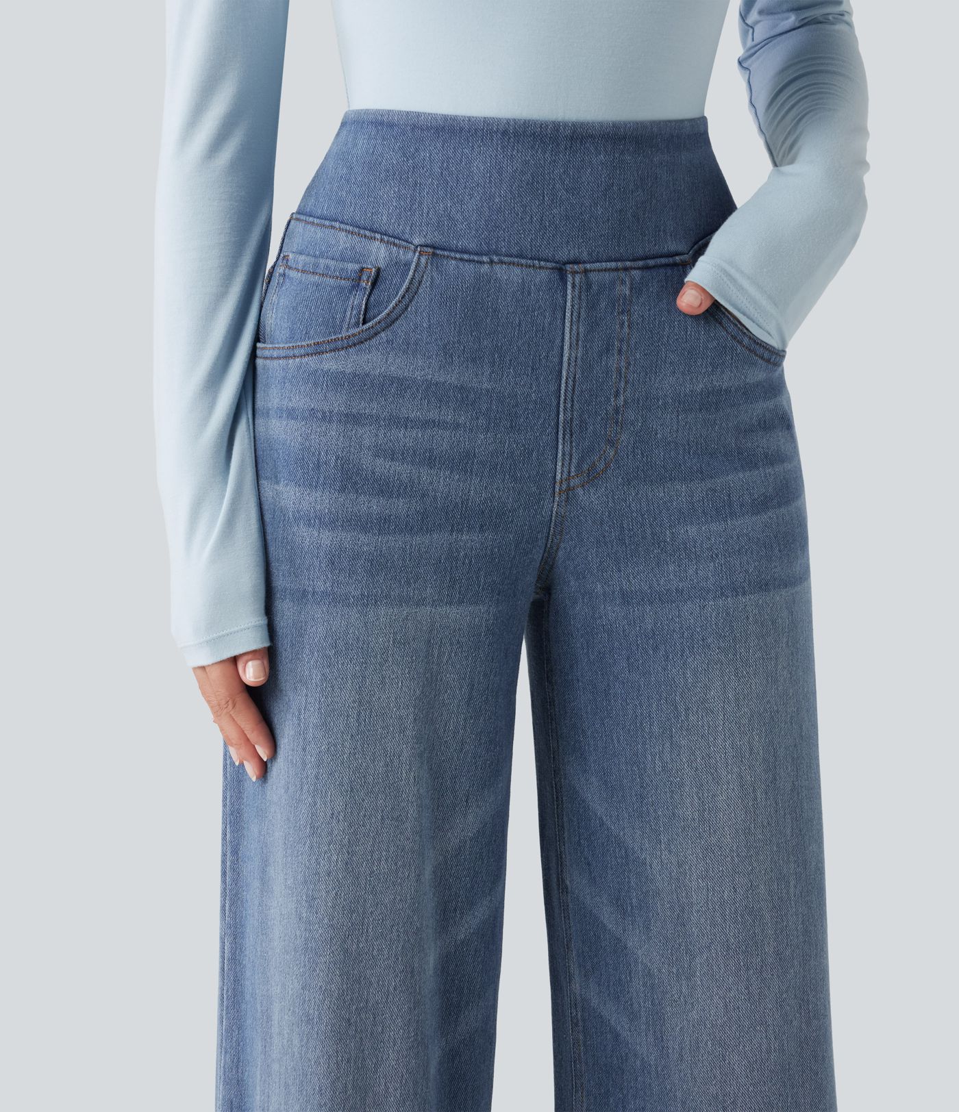 Halara Flex™ Denim Heat hétköznapi, magas derekú, széles szárú, zsebes farmernadrág