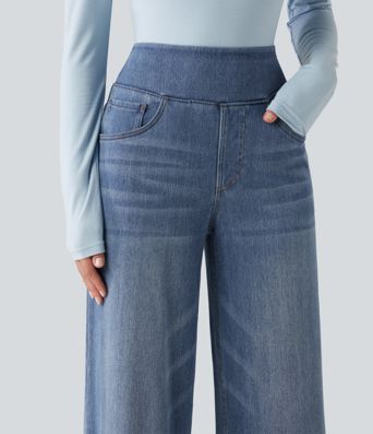 Halara Flex™ Denim Heat hétköznapi, magas derekú, széles szárú, zsebes farmernadrág