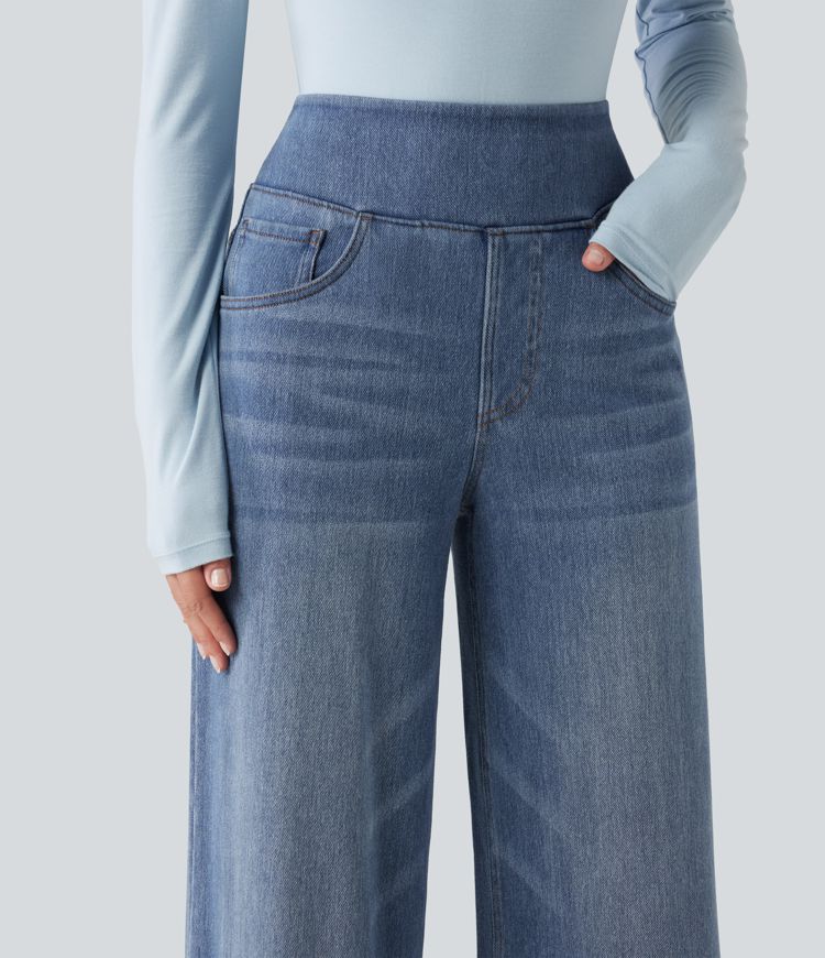 Halara Flex™ Denim Heat hétköznapi, magas derekú, széles szárú, zsebes farmernadrág